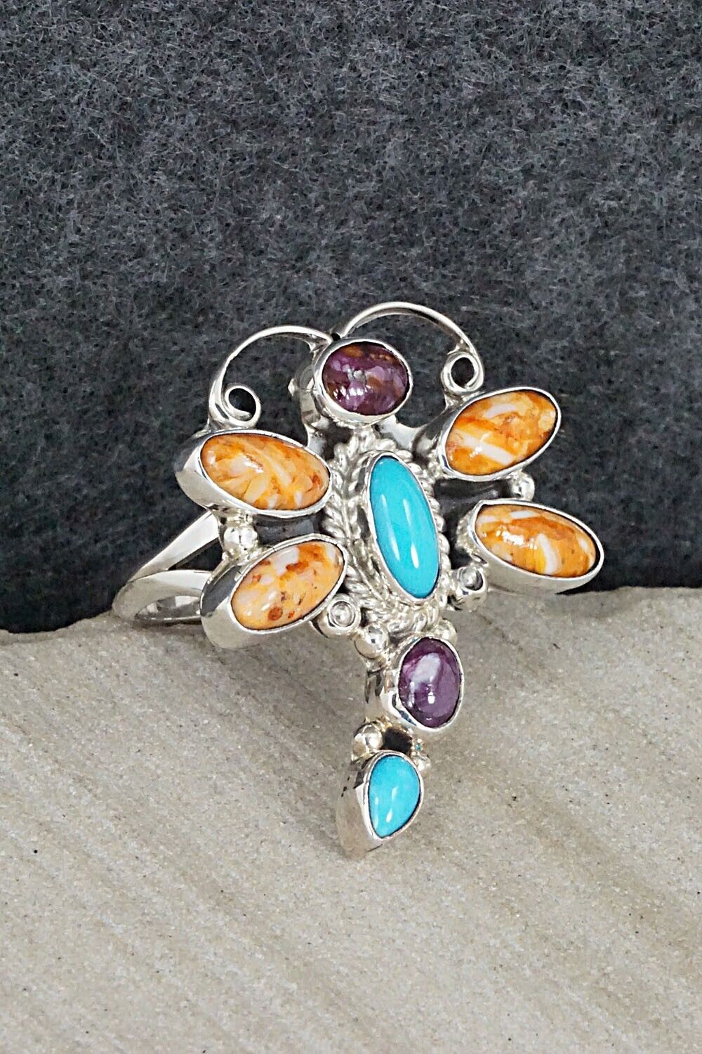 Turquoise, Spiny Oyster & Sterling Silver Ring - Bobby Platero - Size 9.5