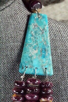 Turquoise, Spiny Oyster & Sterling Silver Necklace - Lupe Lovato