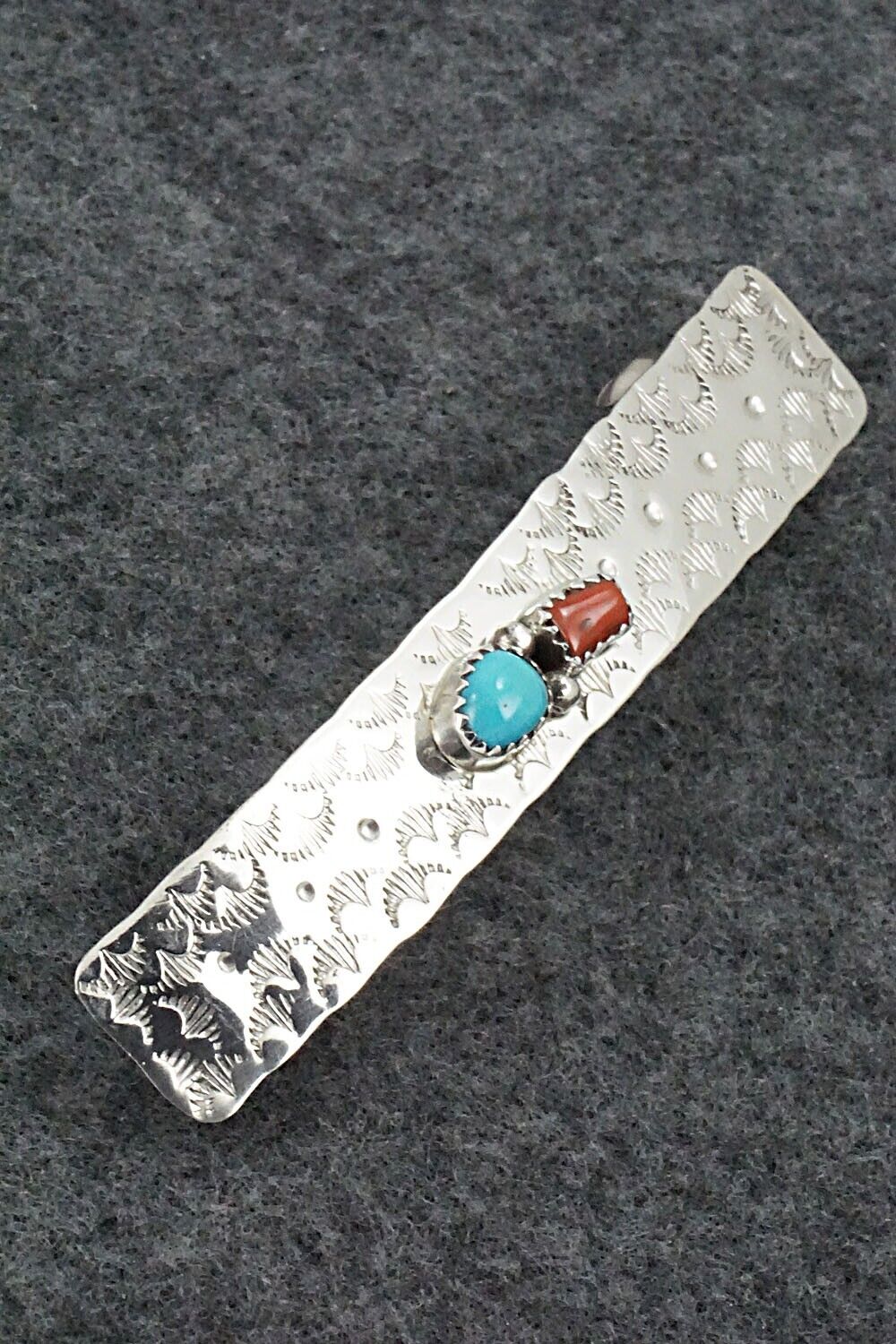 Turquoise, Coral & Sterling Silver Hair Barrette - Sally Arviso