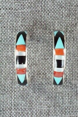 Multi Stone Inlay & Sterling Silver Hoop Earrings - Delberta Boone - High Lonesome Trading