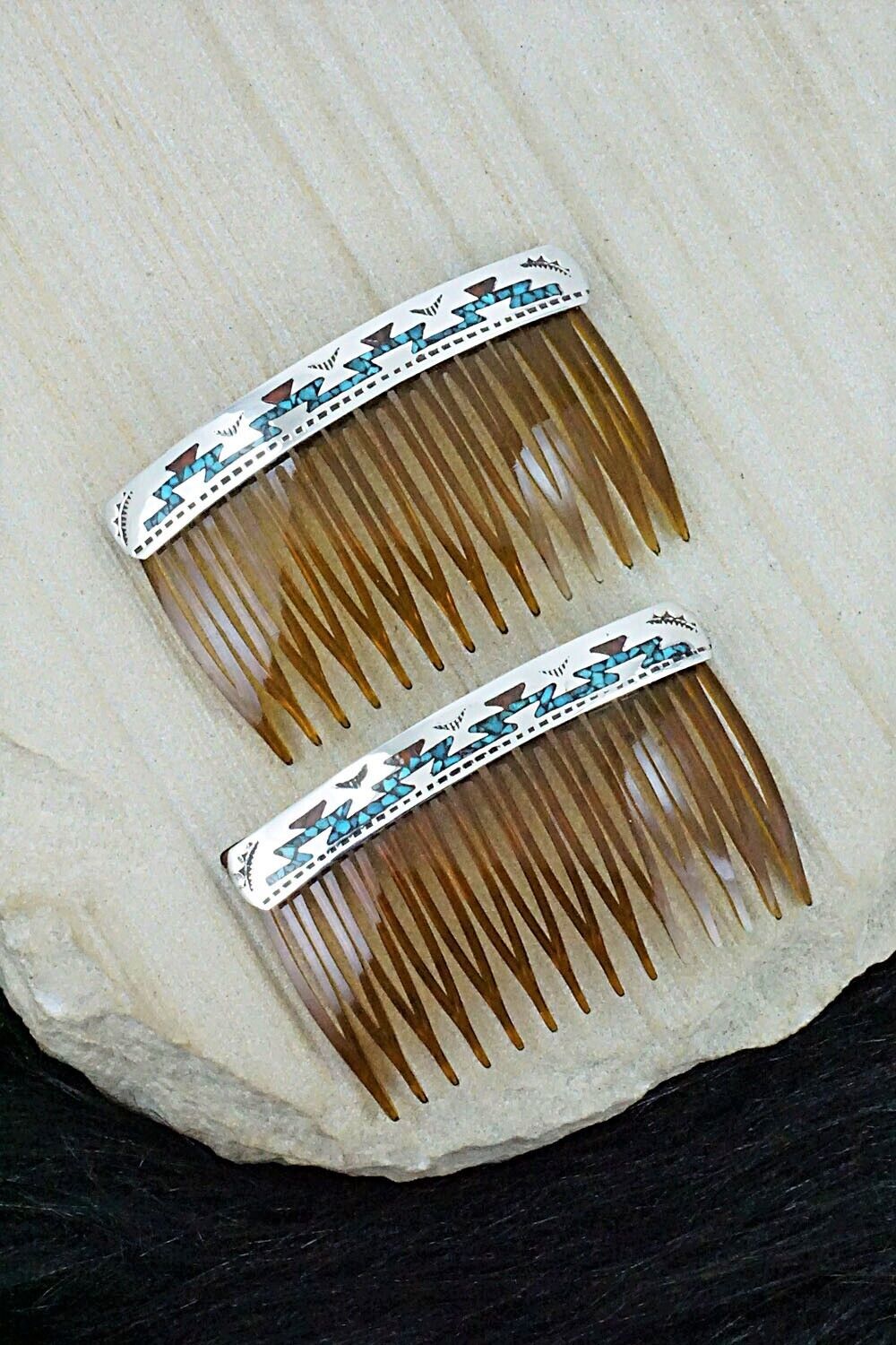 Turquoise, Coral Chip Inlay & Sterling Silver Hair Combs - Joleen Yazzie