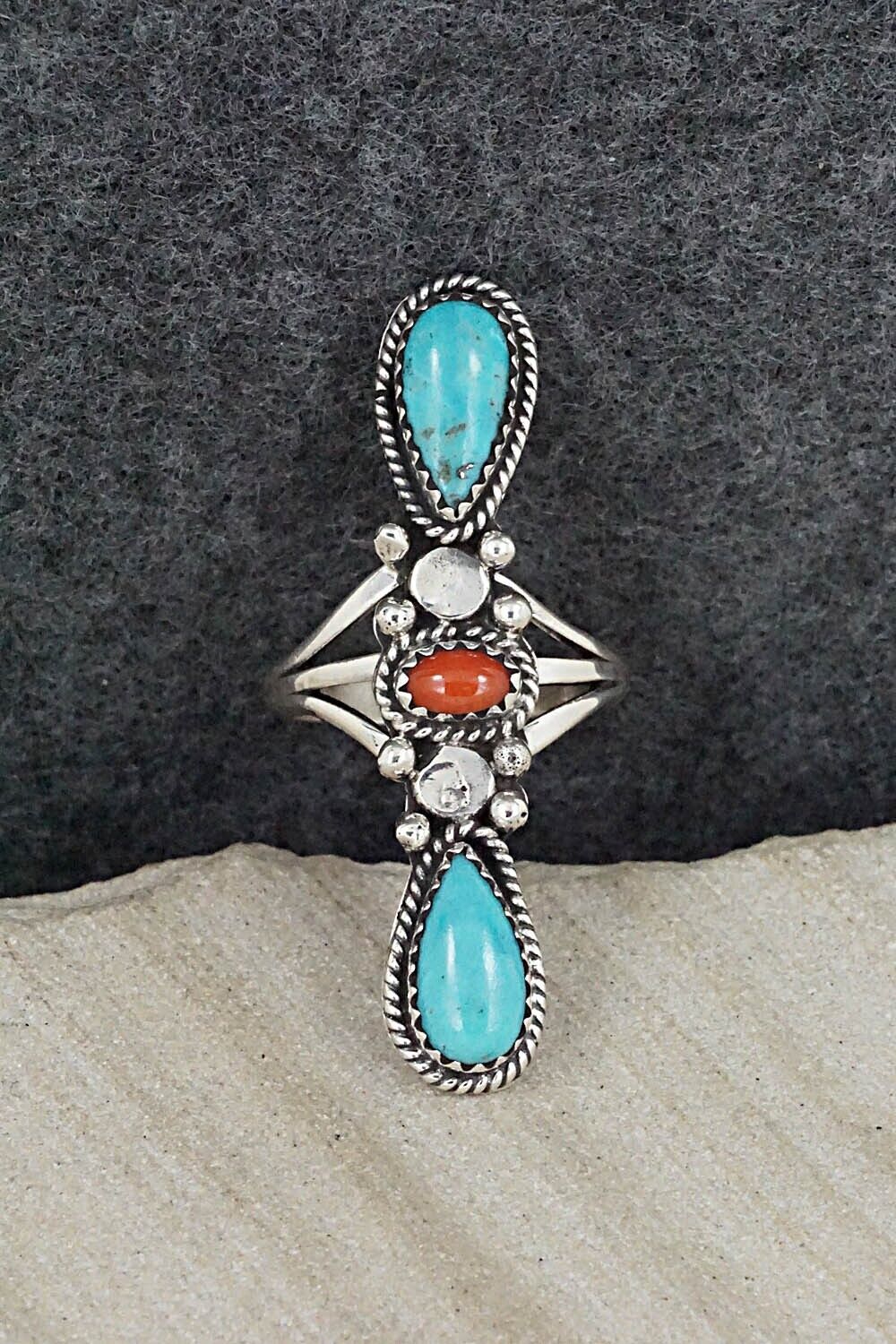 Turquoise, Coral & Sterling Silver Ring - Andrew Vandever - Size 7