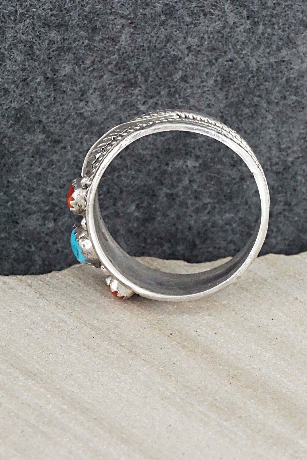 Turquoise, Coral and Sterling Silver Ring - Betty Begay - Size 13.25