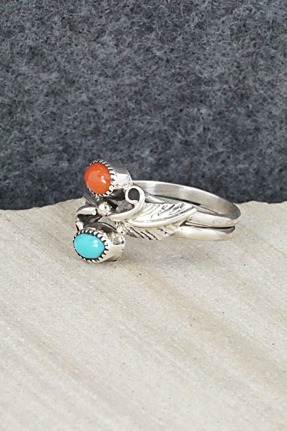 Turquoise, Coral & Sterling Silver Ring - Harry Yazzie - Size 8.25