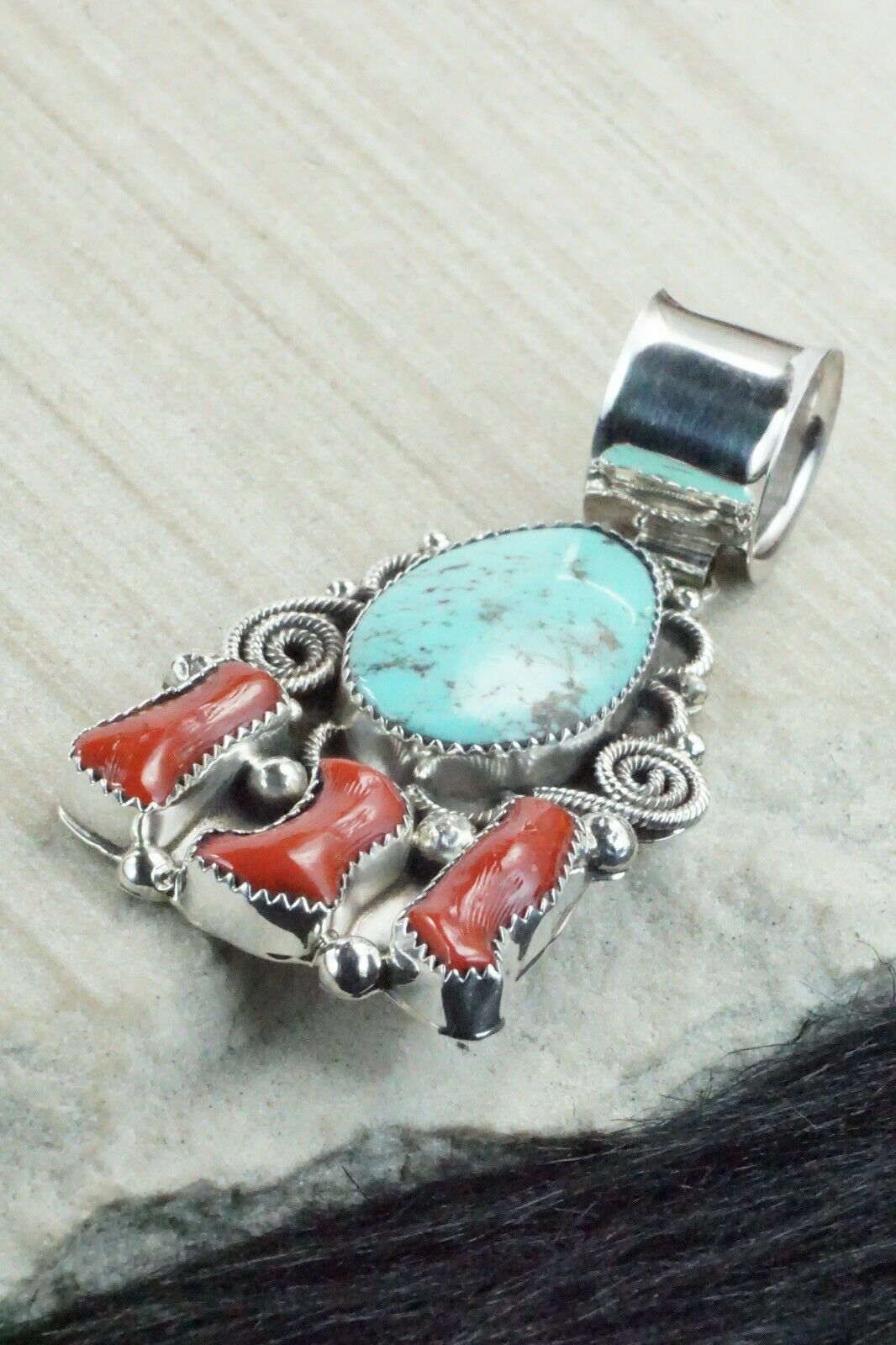 Turquoise, Coral and Sterling Silver Pendant - Shirley Largo