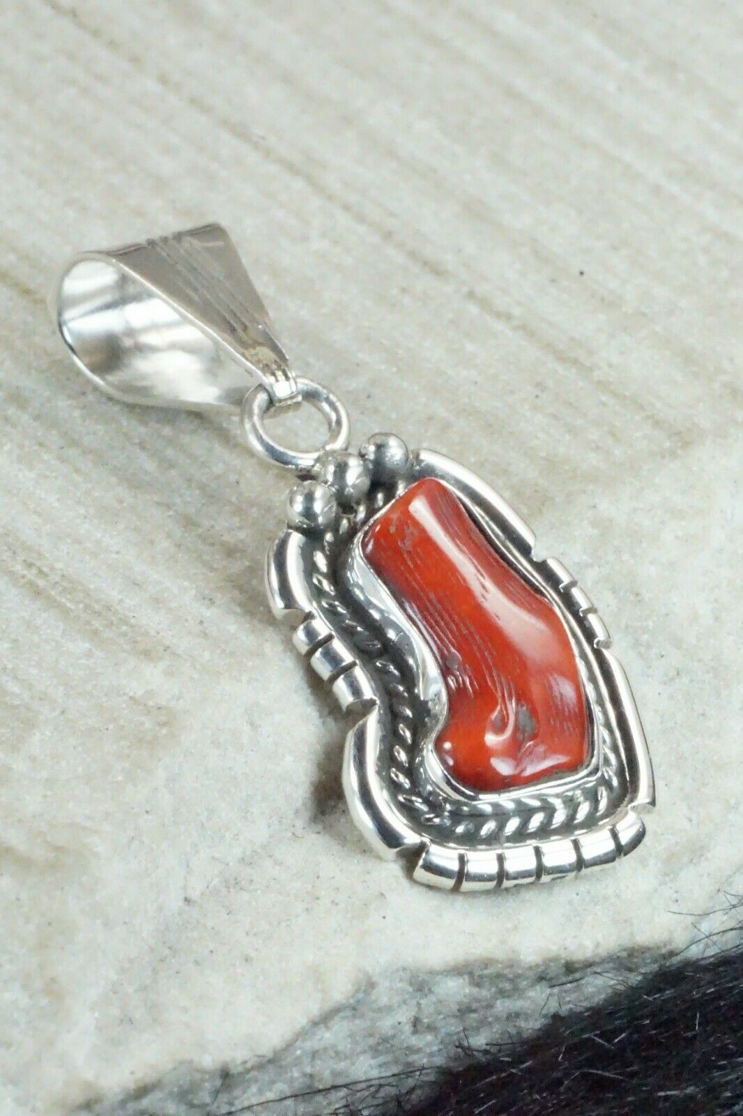 Coral & Sterling Silver Pendant - Samuel Yellowhair