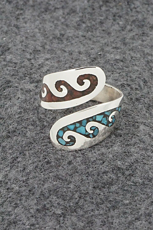 Turquoise, Coral & Sterling Silver Ring - Jolene Yazzie - Size 9