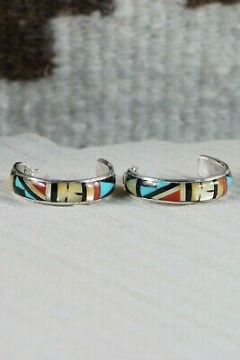 Zuni Multi Stone Inlay & Sterling Silver Hoop Earrings - Delberta Boone - High Lonesome Trading