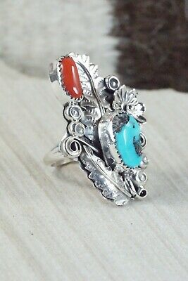 Turquoise, Coral & Sterling Silver Ring - Harry B Yazzie - Size 7.5