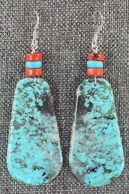 Turquoise, Coral & Sterling Silver Earrings - Lupe Lovato
