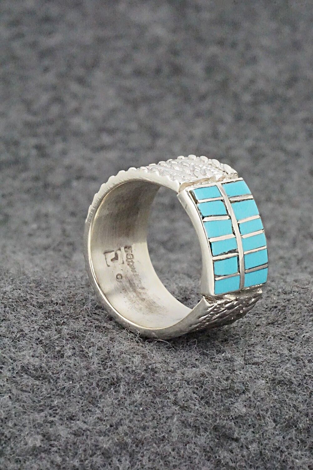 Turquoise & Sterling Silver Inlay Ring - Orlando Laweka - Size 7