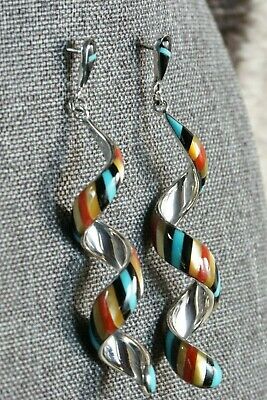 Zuni Multi Stone Inlay & Sterling Silver Spiral Earrings - Idelia Edaakie - High Lonesome Trading