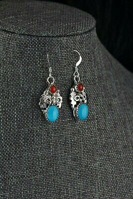 Navajo Turquoise and Coral Sterling Silver Earrings - Roberta Begay - High Lonesome Trading