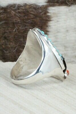 Turquoise, Coral & Sterling Silver Ring - Lyolita Tsattie - Size 13