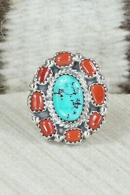 Turquoise & Coral Sterling Silver Ring - Roberta Begay - Size 6