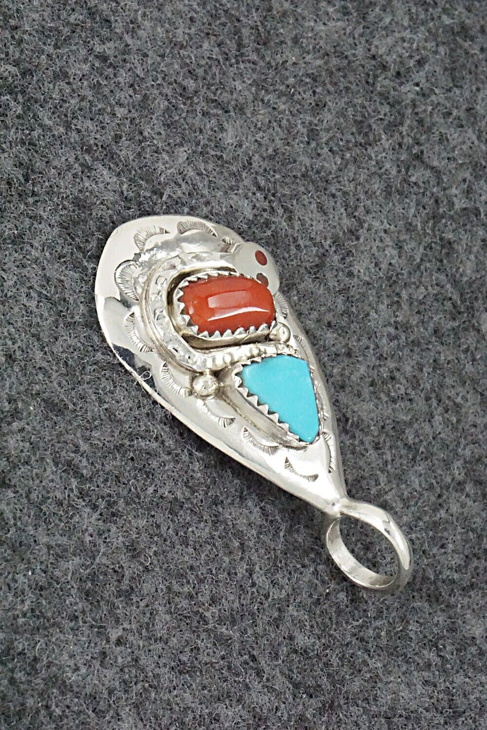 Turquoise, Coral and Sterling Silver Pendant - Joy Calavaza