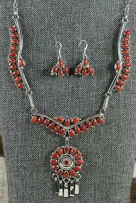 Navajo Coral & Sterling Silver Necklace and Earrings Set - Nelson Harry - High Lonesome Trading