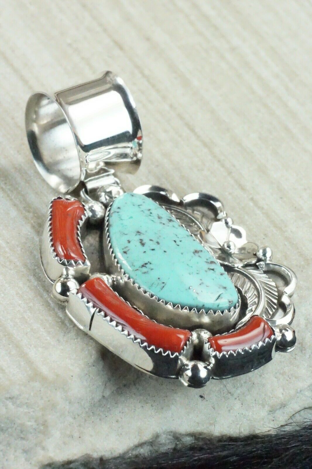 Turquoise, Coral and Sterling Silver Pendant - Shirley Largo
