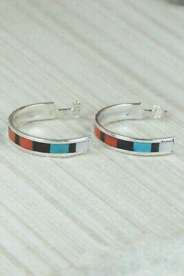 Multi Stone Inlay & Sterling Silver Hoop Earrings - Robin Chavez - High Lonesome Trading