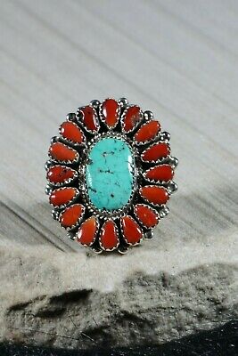Navajo Turquoise Coral and Sterling Silver Ring Eric and Justina Wilson - Size 7 - High Lonesome Trading