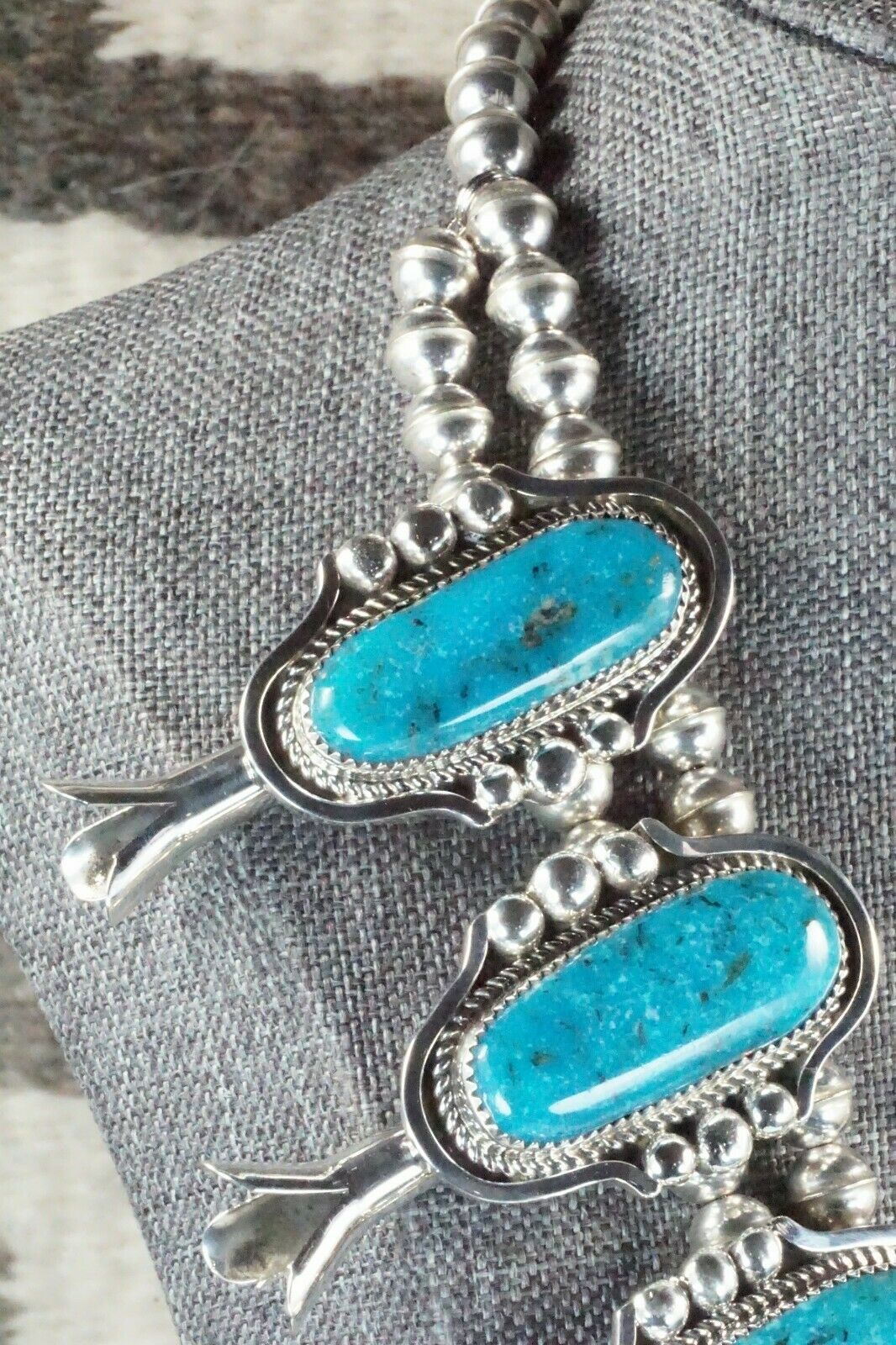 Turquoise & Sterling Silver Squash Blossom Necklace and Earrings - Leslie Nez