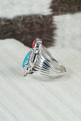 Navajo Turquoise, Coral & Sterling Silver Ring - Jeanette Saunders - Size 9