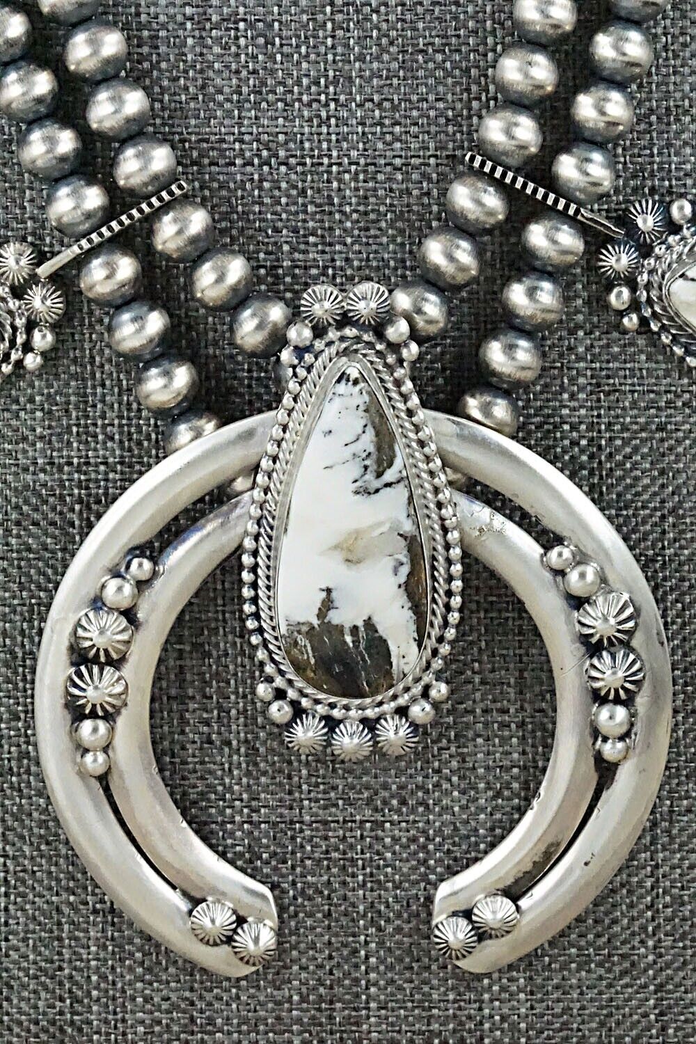 White Buffalo & Sterling Silver Squash Blossom Set - Tom Lewis