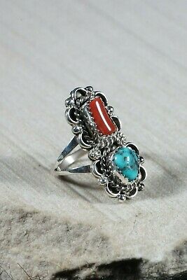 Navajo Turquoise and Coral Sterling Silver Ring - Freda Martinez - Size 6.5 - High Lonesome Trading