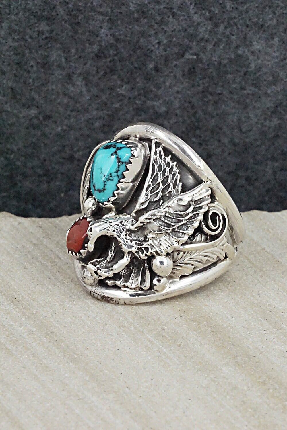 Turquoise, Coral & Sterling Silver Ring - Jeannette Saunders - Size 12