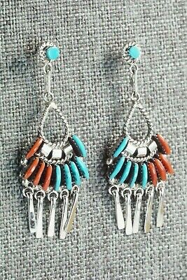 Turquoise, Coral & Sterling Silver Earrings - Edmund Cooeyate