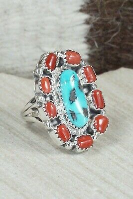 Turquoise & Coral Sterling Silver Ring - Roberta Begay - Size 5.75
