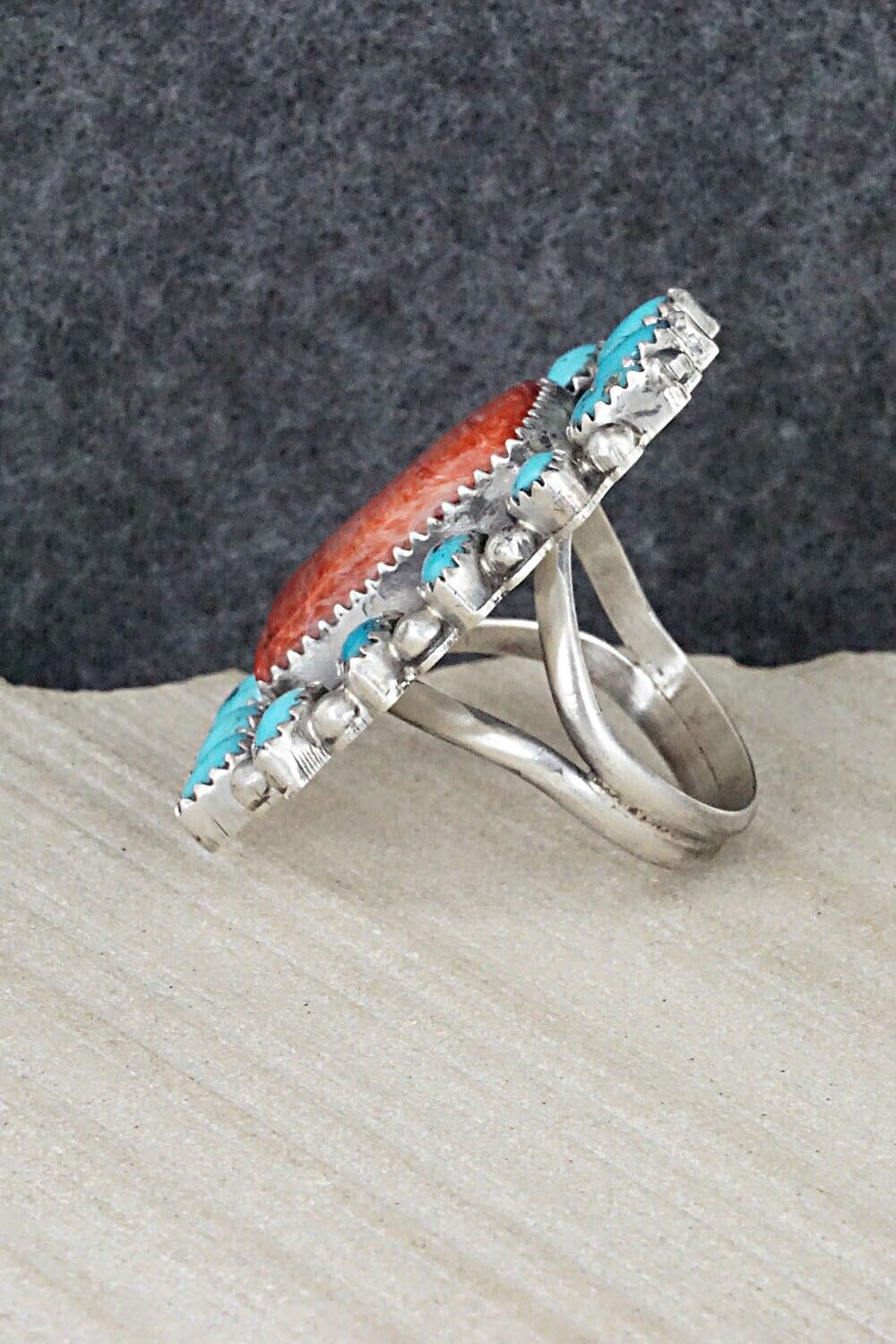 Turquoise, Spiny Oyster & Sterling Silver Ring - Tom Lewis - Size 8.5