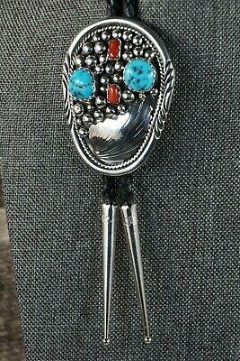 Navajo Turquoise, Coral and Sterling Silver Bolo Tie - Fred Peters - High Lonesome Trading