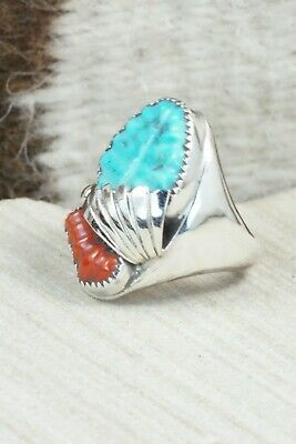 Turquoise, Coral & Sterling Silver Ring - Lyolita Tsattie - Size 6.5