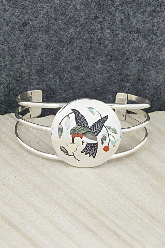 Coral, Onyx, Abalone Shell & Sterling Silver Bracelet - Derrick Edaakie