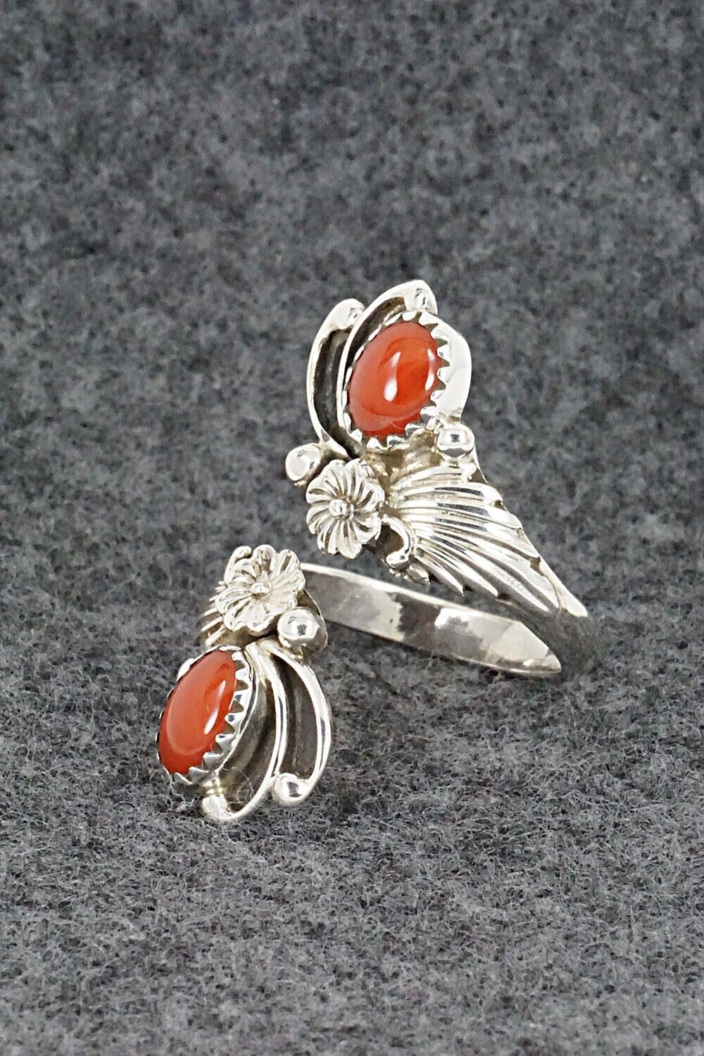 Coral and Sterling Silver Ring - Etta Belin - Size 7