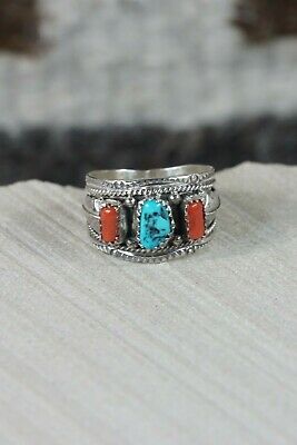 Navajo Turquoise & Coral Sterling Silver Ring - Harrison & Betty Begay - Size 9 - High Lonesome Trading