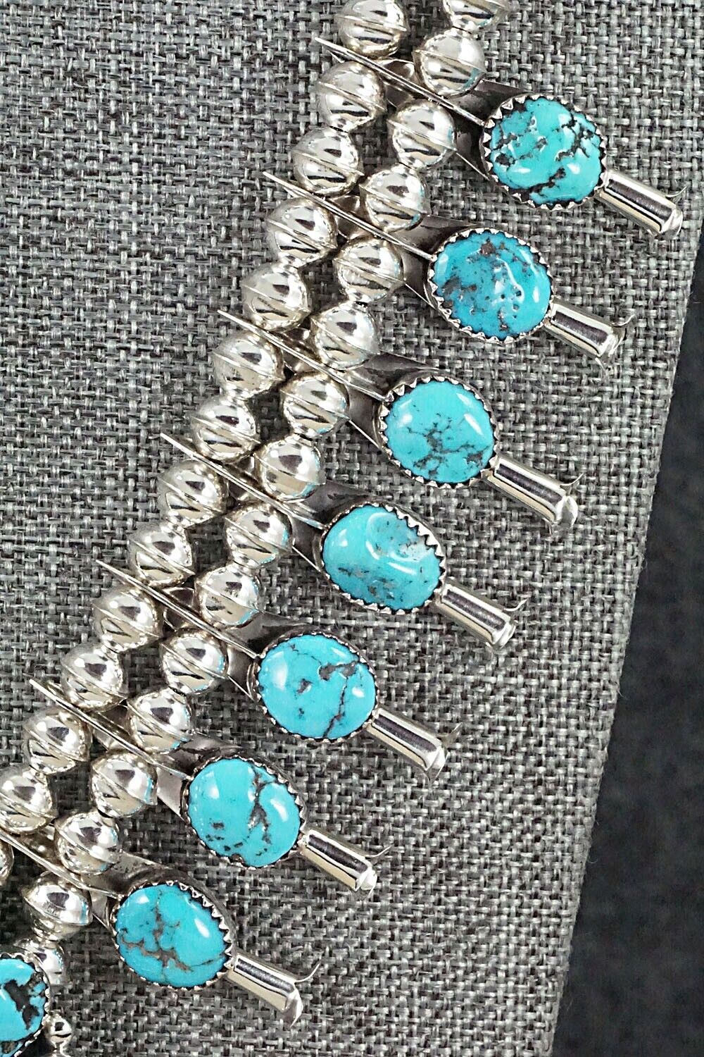 Turquoise & Sterling Silver Squash Blossom and Earrings Set - Calfreda Roanhorse