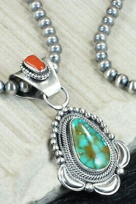 Turquoise, Coral Pendant & Sterling Silver Necklace - Tom Lewis