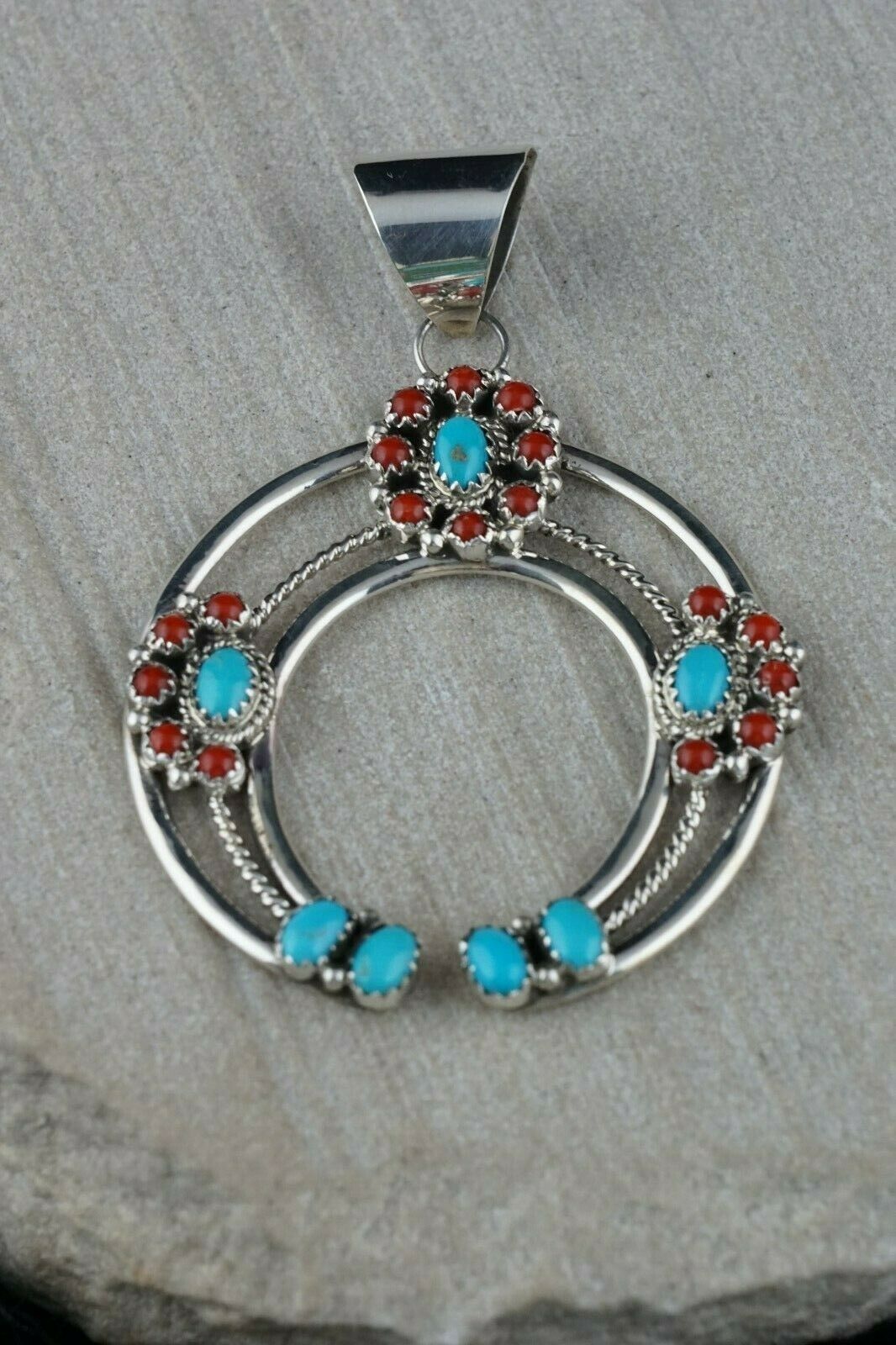 Turquoise, Coral and Sterling Silver Pendant - Leon Kirlie - Navajo - High Lonesome Trading