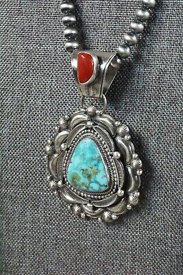 Turquoise, Coral Pendant & Sterling Silver Necklace - Tom Lewis