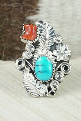 Turquoise, Coral & Sterling Silver Ring - Harry Yazzie - Size 6