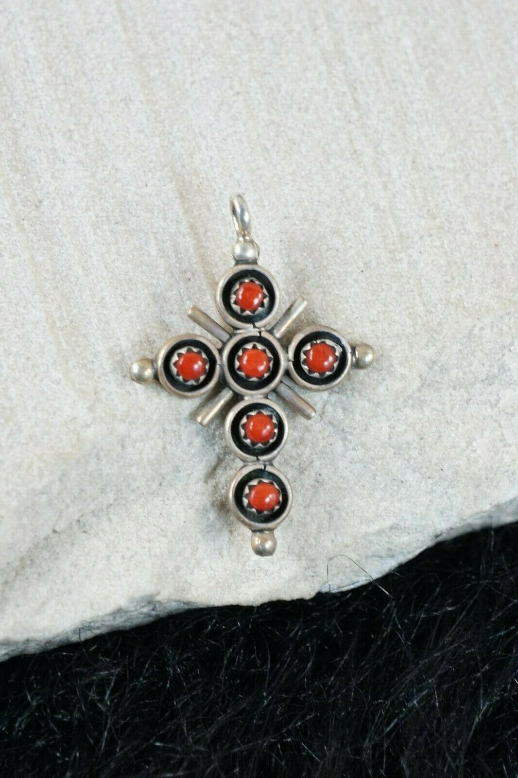 Zuni Coral & Sterling Silver Cross Pendant - Michael Boone - High Lonesome Trading