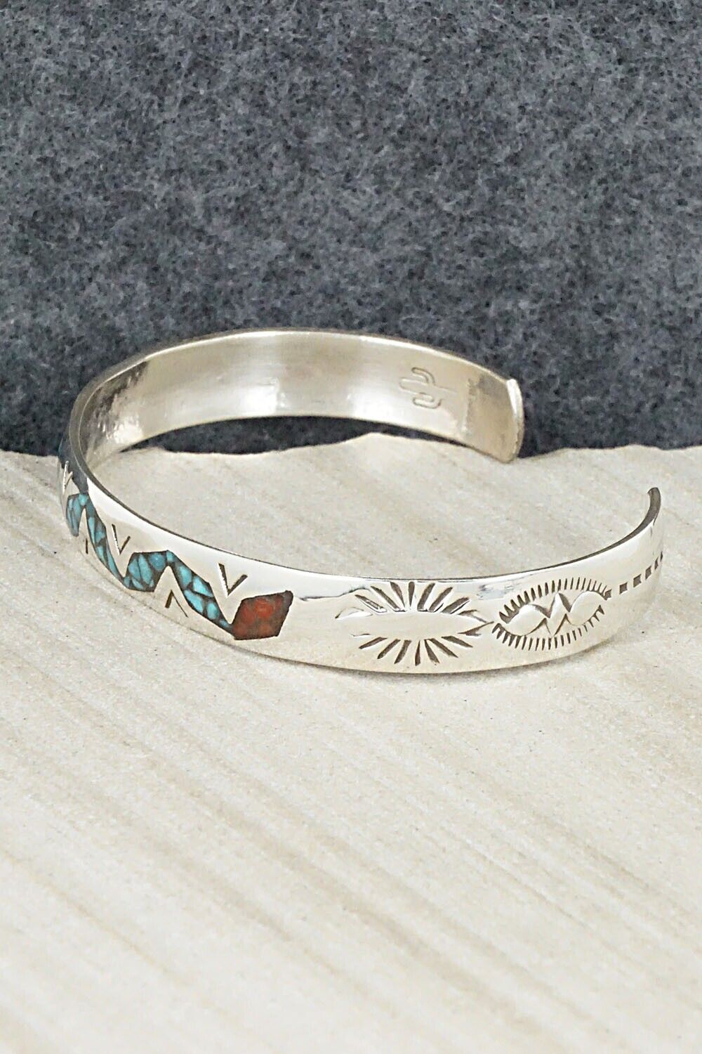 Turquoise, Coral Chip Inlay & Sterling Silver Bracelet - Jolene Yazzie