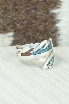 Turquoise, Coral & Sterling Silver Ring - Jolene Jazzie - Size 8