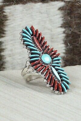 Turquoise, Coral & Sterling Silver Ring - Edmund Cooeyate - Size 7.25