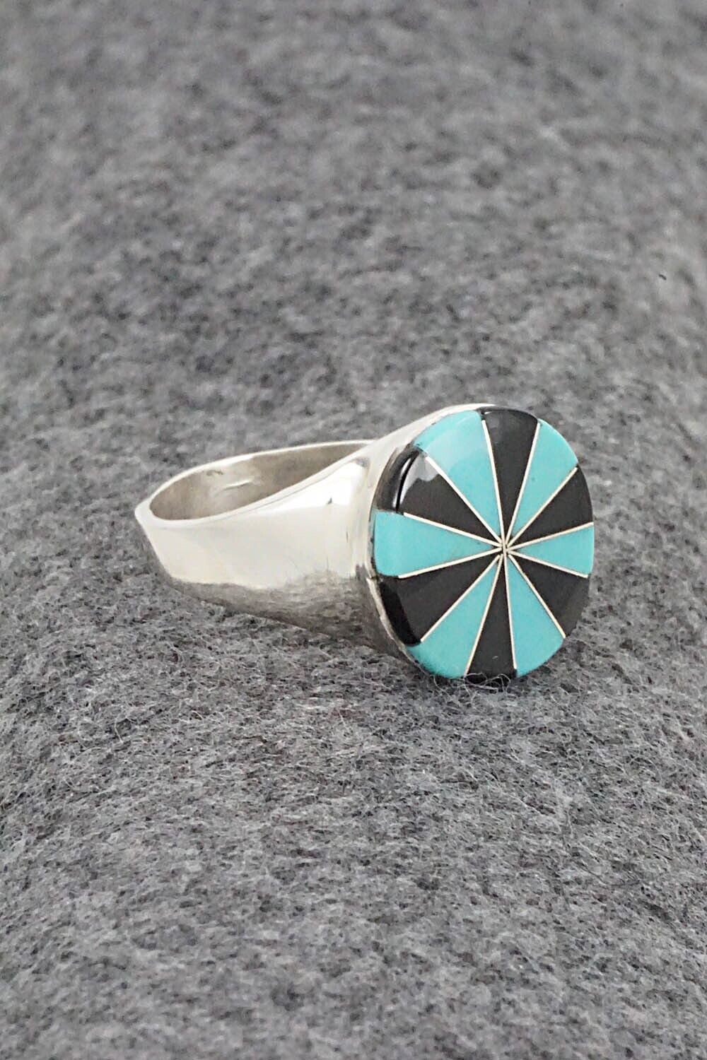 Turquoise, Onyx & Sterling Silver Ring - Johnson Laweka - Size 10.5