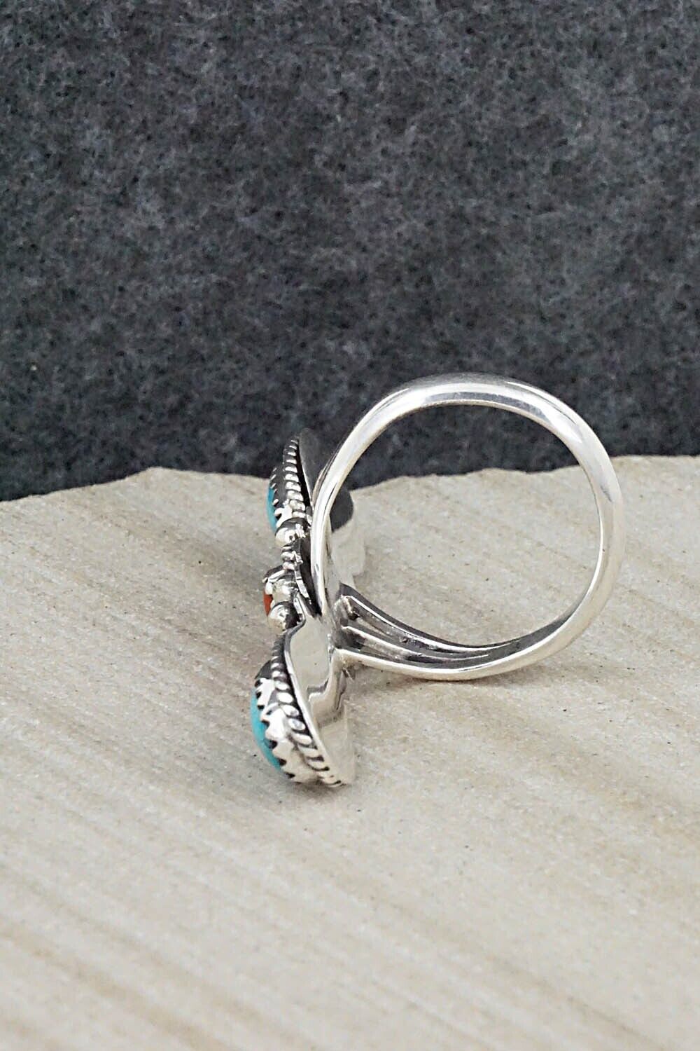 Turquoise, Coral & Sterling Silver Ring - Andrew Vandever - Size 6.5