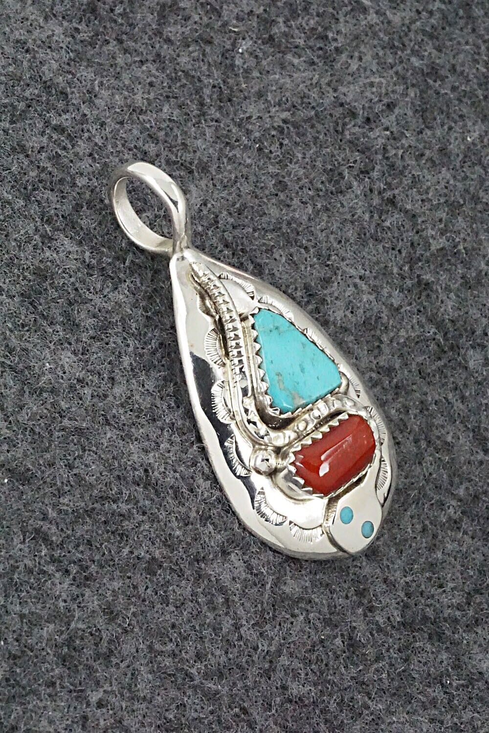 Turquoise, Coral and Sterling Silver Pendant - Joy Calavaza