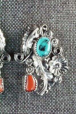 Turquoise, Coral & Sterling Silver Earrings - Harry B Yazzie